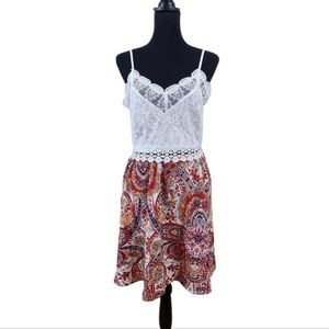 Feminine Knee Length Dress White Lace with Colorful Paisley Skirt Size Small